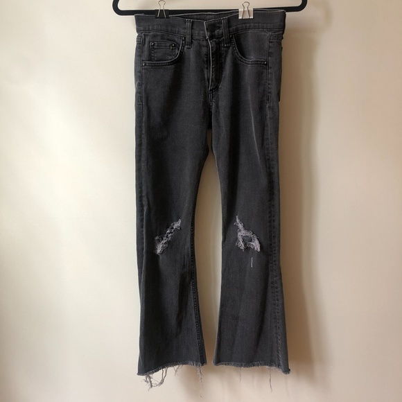 RAG & BONE 10" crop flare raw hem distressed jean in wash black thorne | size 24 - Picture 3 of 9